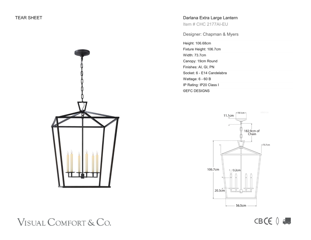 Darlana Extra Large Lantern — Chapman & Myers for Visual Comfort & Co. dimension drawing