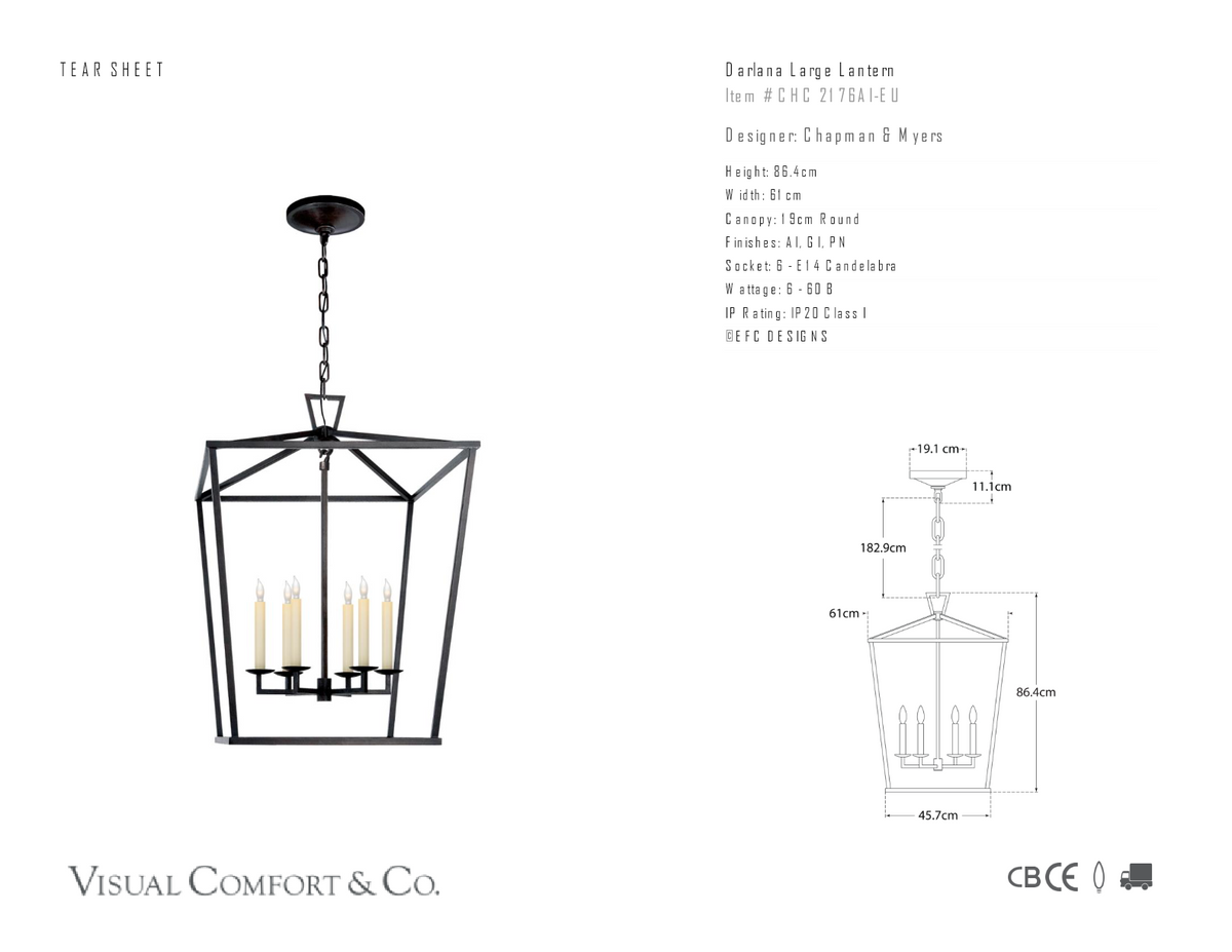 Darlana Large Lykta — Chapman & Myers for Visual Comfort & Co. måttskiss