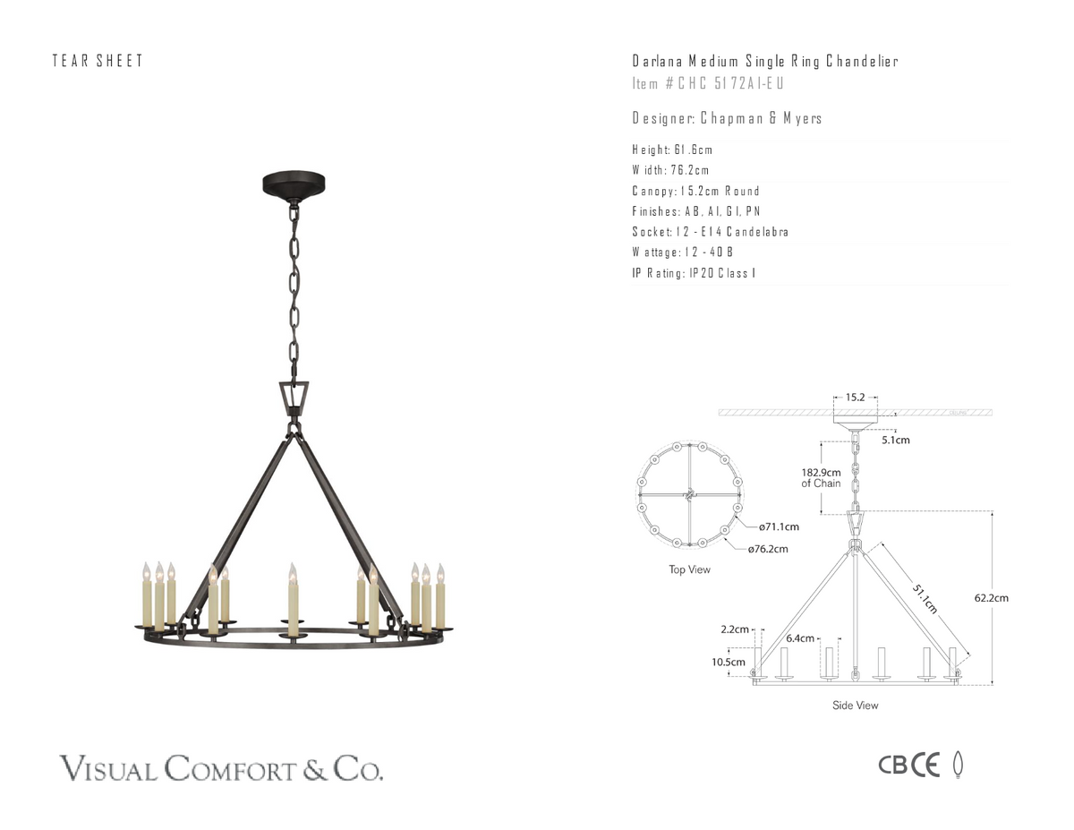 Darlana Medium Single Ring Takkrona — Chapman & Myers for Visual Comfort & Co. måttskiss