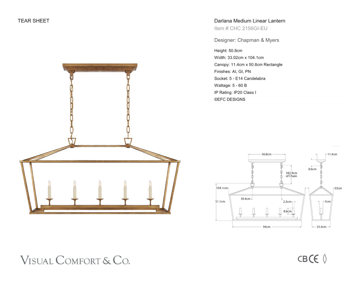 Darlana Medium Taklampa — Chapman & Myers for Visual Comfort & Co. måttskiss