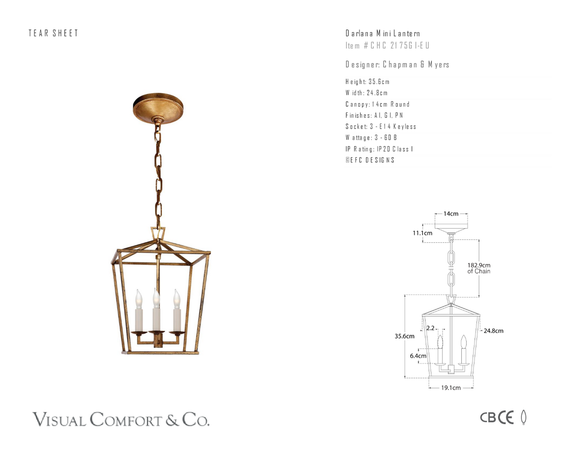 Darlana Mini Lantern — Chapman & Myers for Visual Comfort & Co. dimension drawing
