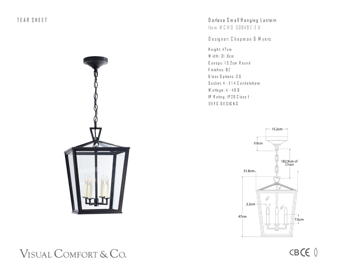 Darlana Small Hanging Utomhuslampa — Chapman & Myers for Visual Comfort & Co. måttskiss