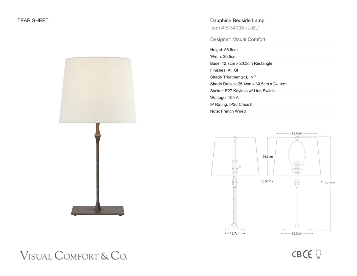 Dauphine Bedside Lamp Bordslampa — Visual Comfort måttskiss