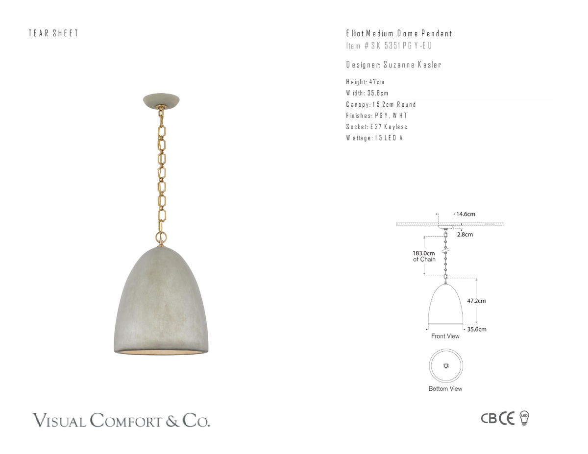 Elliot Medium Dome Takpendel — Suzanne Kasler for Visual Comfort & Co. måttskiss