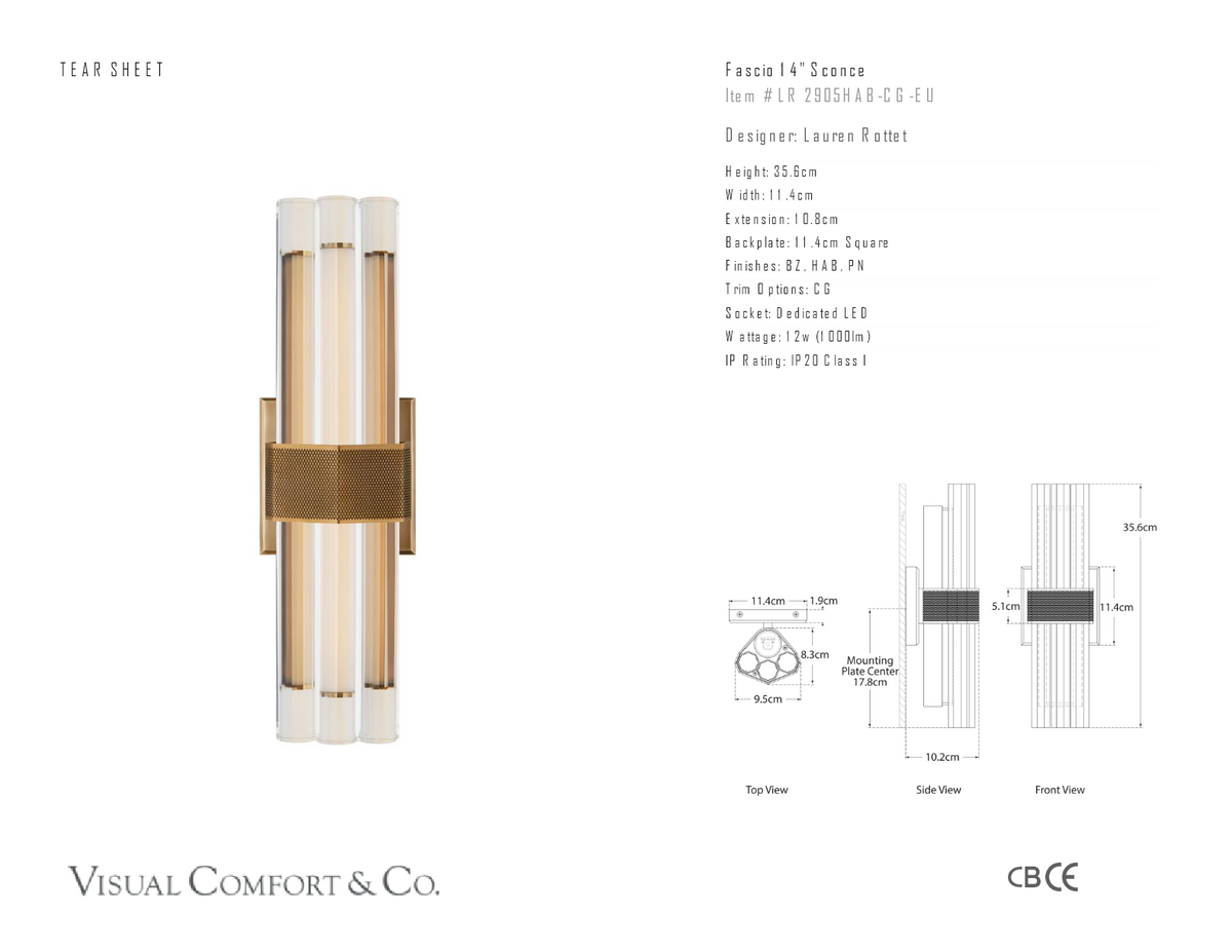 Fascio 14" Vägglampa — Lauren Rottet for Visual Comfort & Co. måttskiss