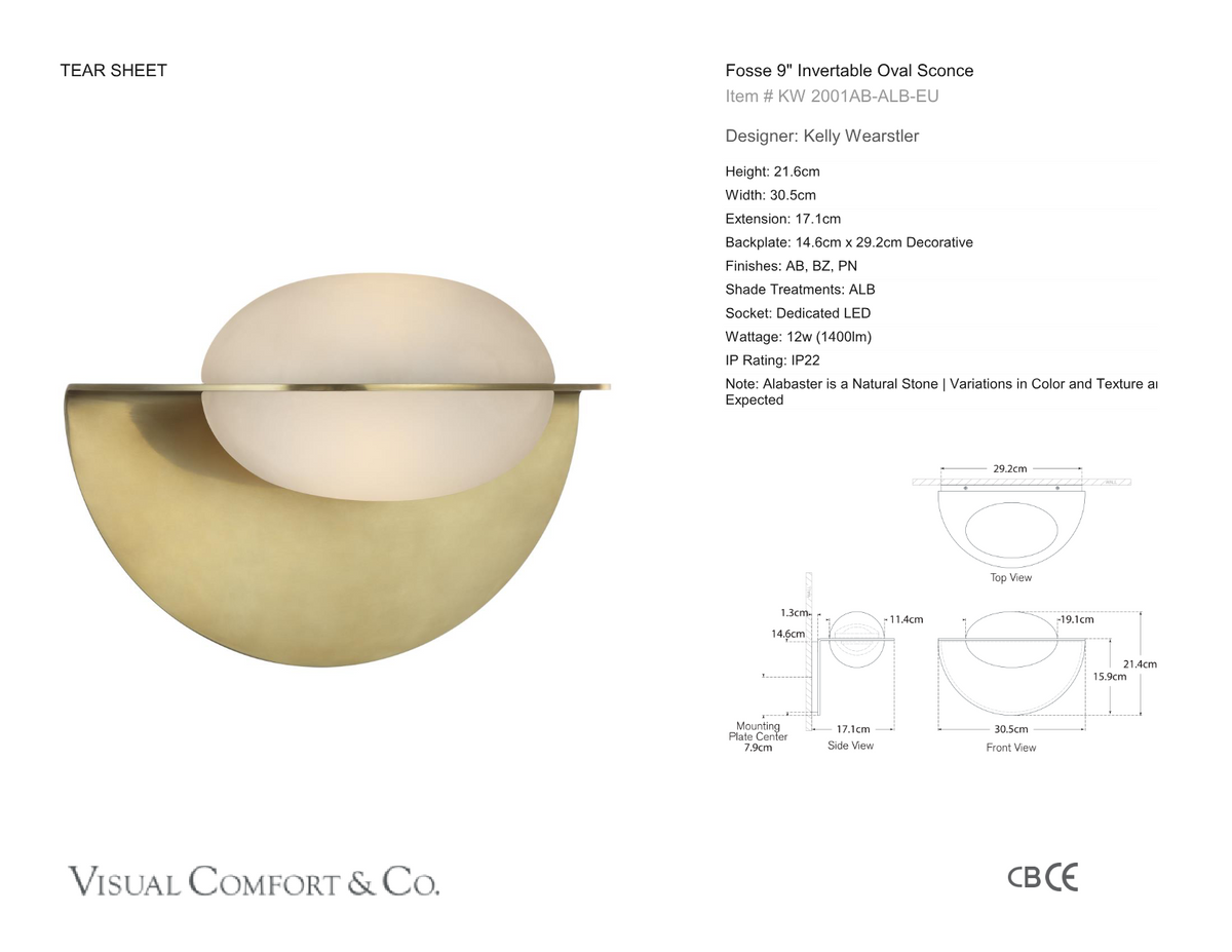 Fosse 9" Invertable Oval Wall Light — Kelly Wearstler for Visual Comfort & Co. dimension drawing