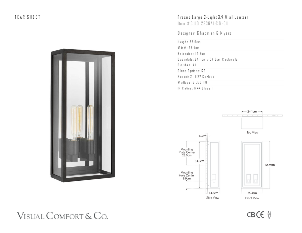 Fresno Large 2-Light 3/4 Wall Utomhuslampa — Chapman & Myers for Visual Comfort & Co. måttskiss