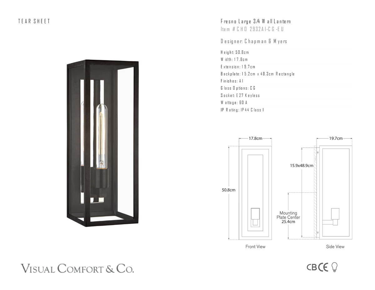 Fresno Large 3/4 Wall Utomhuslampa — Chapman & Myers for Visual Comfort & Co. måttskiss