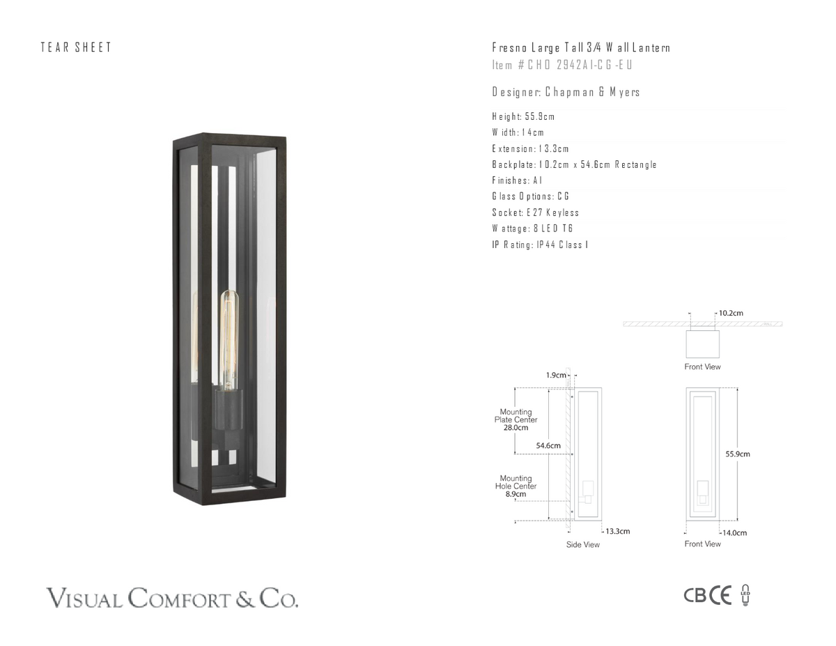 Fresno Large Tall 3/4 Wall Outdoor Light — Chapman & Myers for Visual Comfort & Co. dimension drawing
