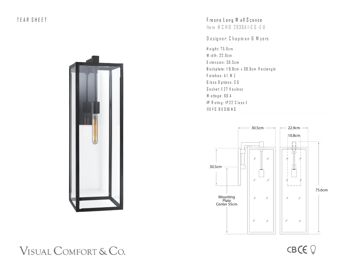 Fresno Long Utomhuslampa — Chapman & Myers for Visual Comfort & Co. måttskiss