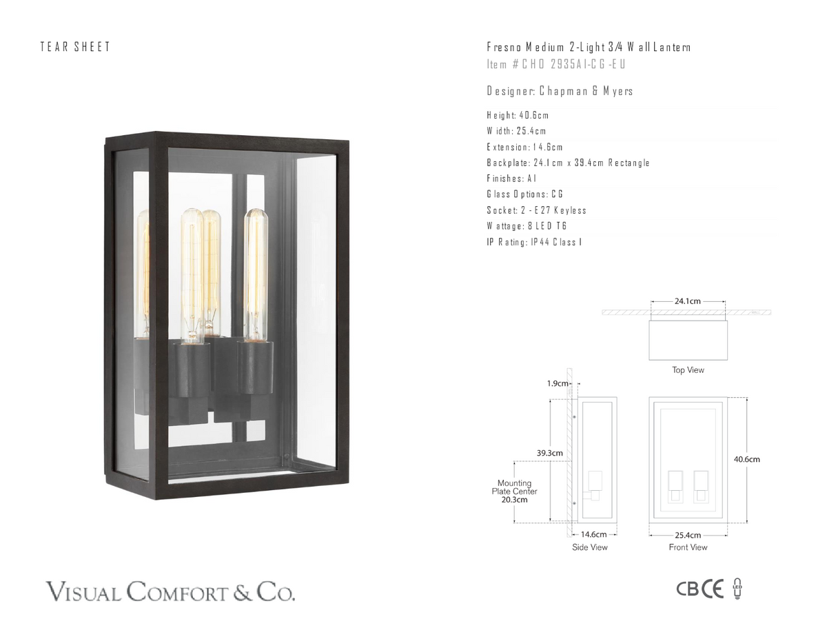 Fresno Medium 2-Light 3/4 Wall Utomhuslampa — Chapman & Myers for Visual Comfort & Co. måttskiss