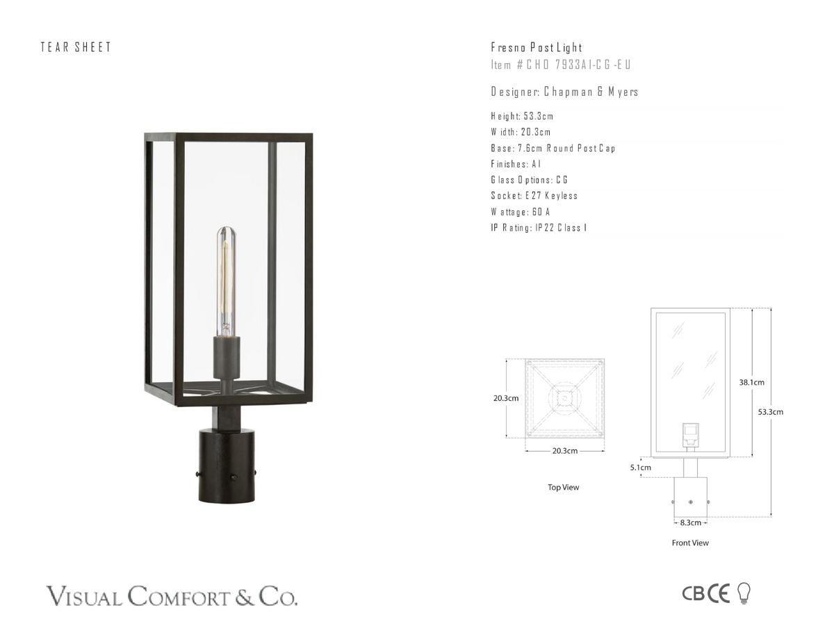 Fresno Post Light Utomhuslampa — Chapman & Myers for Visual Comfort & Co. måttskiss