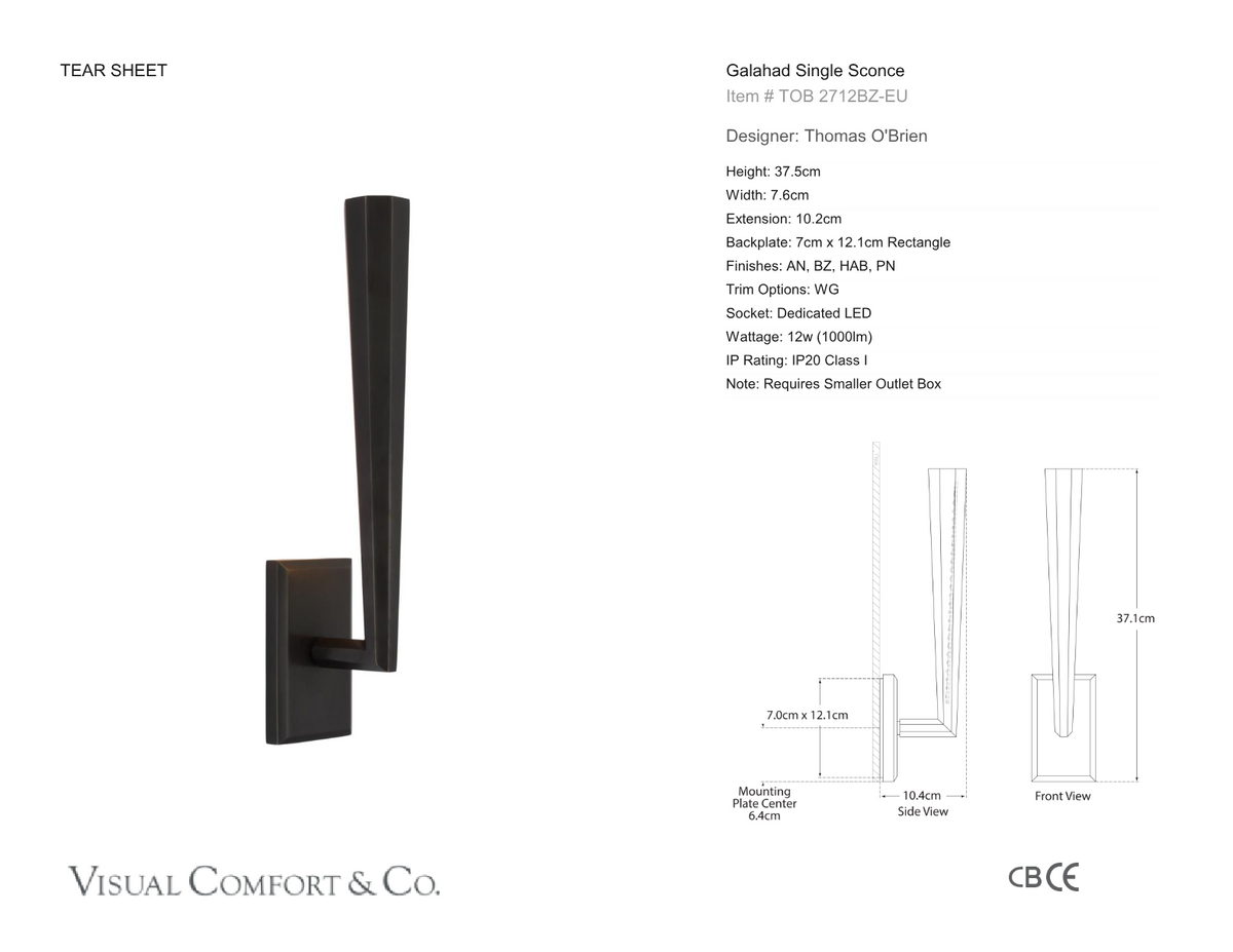 Galahad Single Vägglampa — Thomas O'Brien for Visual Comfort & Co. måttskiss