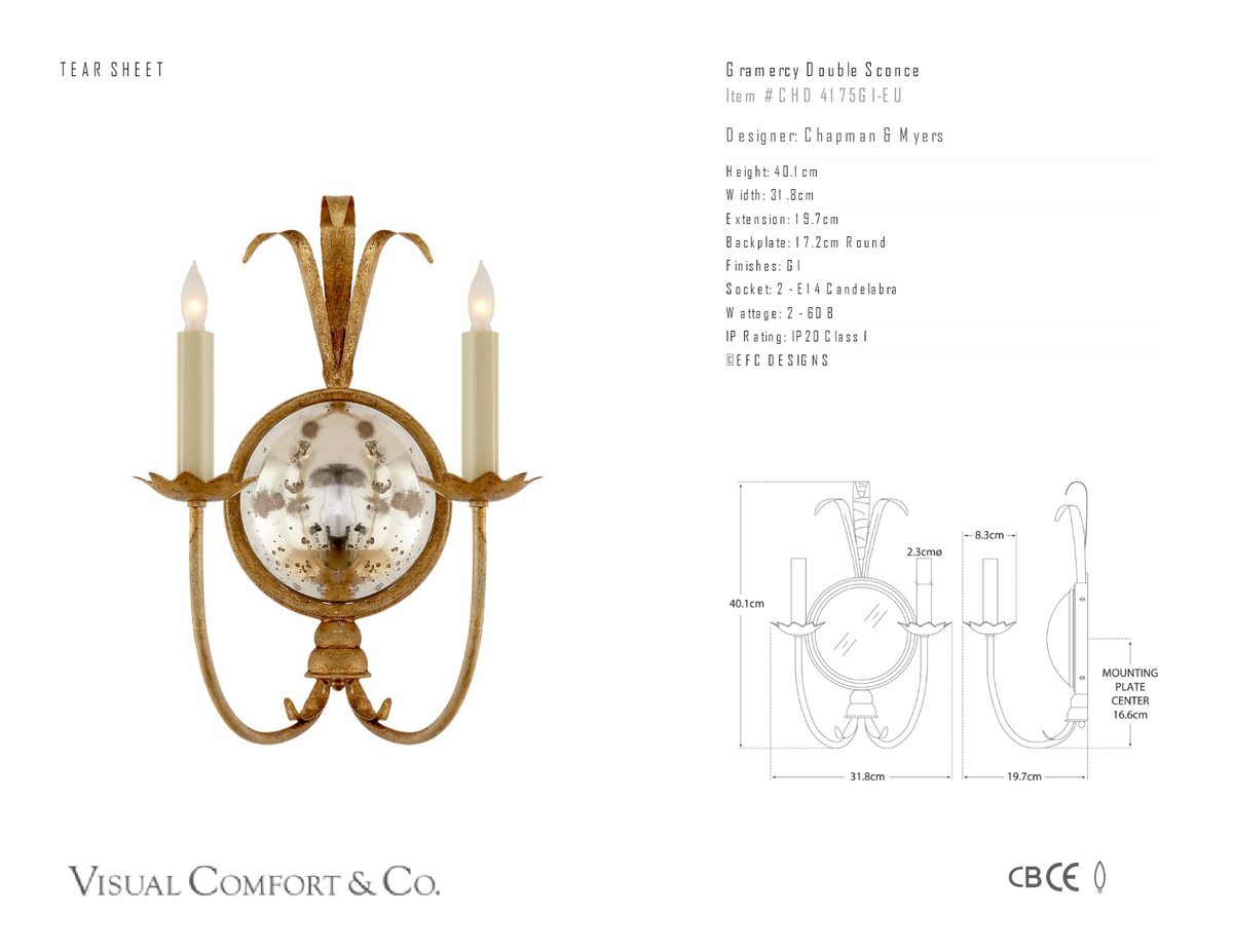 Gramercy Double Vägglampa — Chapman & Myers for Visual Comfort & Co. måttskiss