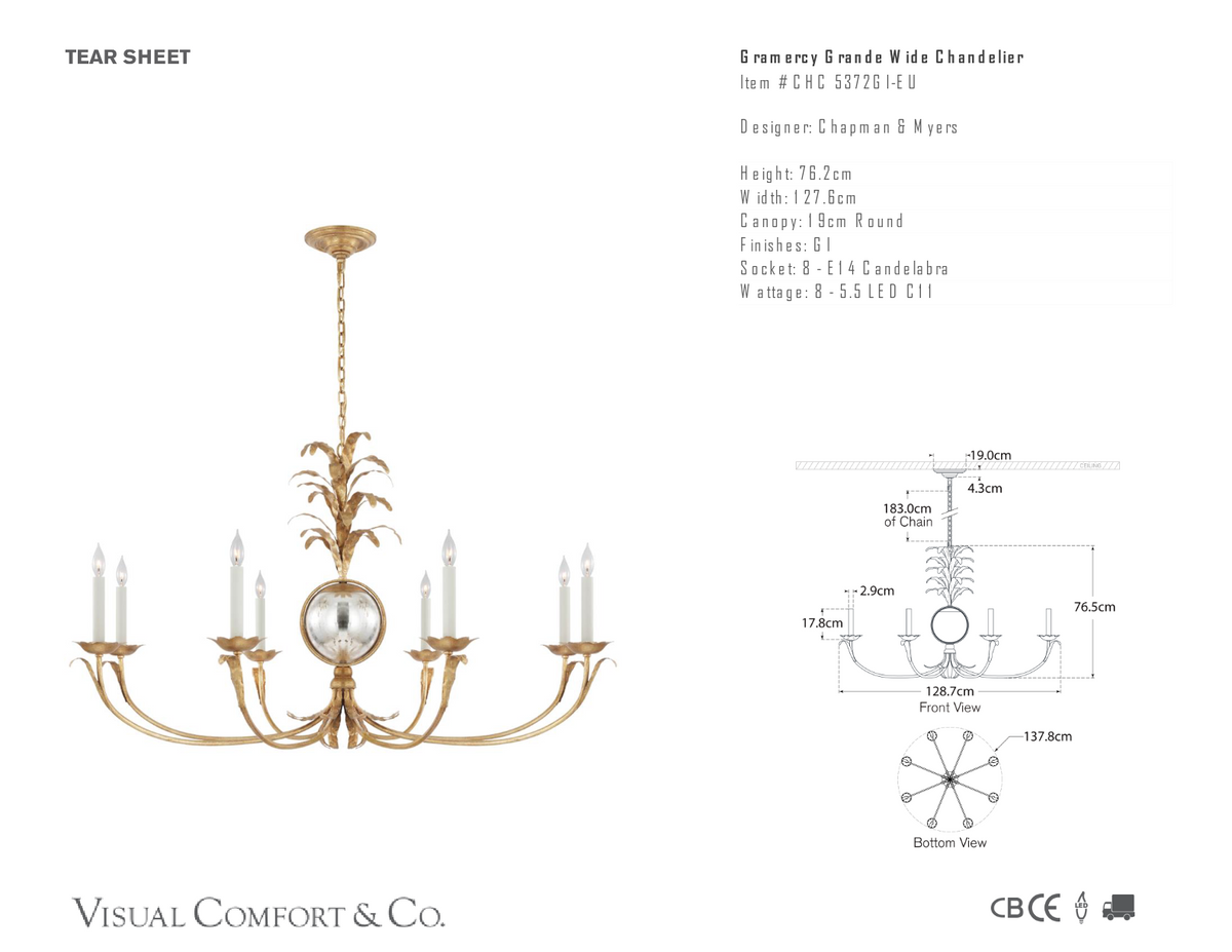 Gramercy Grande Wide Chandelier — Chapman & Myers for Visual Comfort & Co. dimension drawing