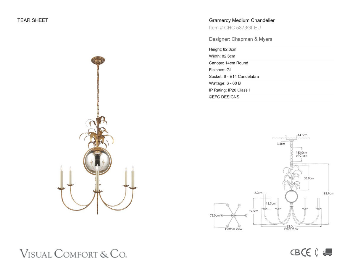 Gramercy Medium Chandelier — Chapman & Myers for Visual Comfort & Co. dimension drawing