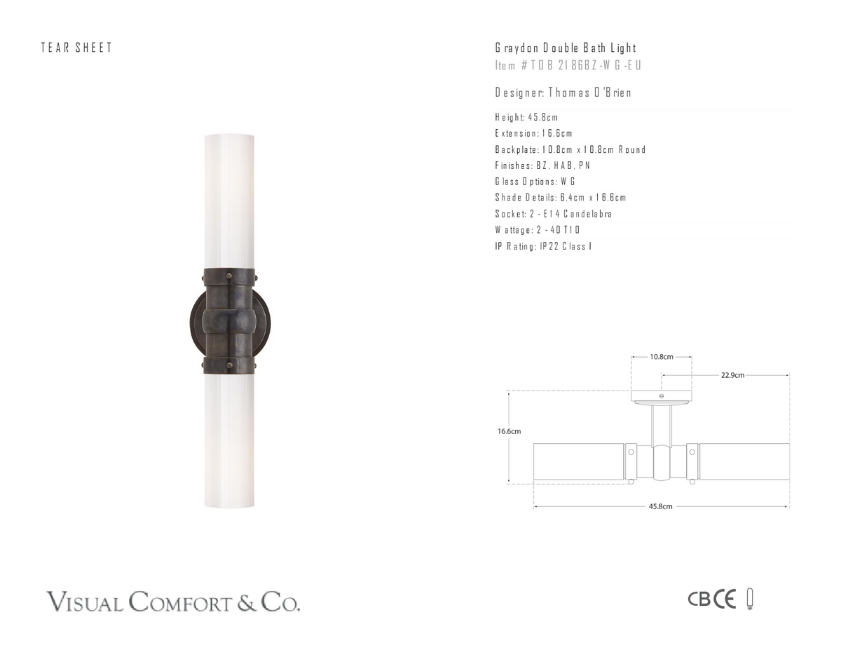 Graydon Double Vägglampa — Thomas O'Brien for Visual Comfort & Co. måttskiss