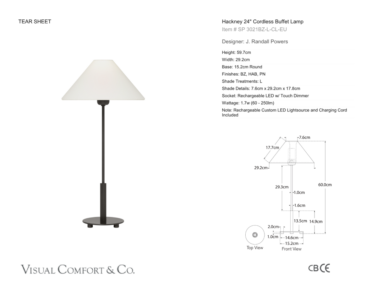 Hackney 24" Cordless Table Lamp — J. Randall Powers for Visual Comfort & Co. dimension drawing