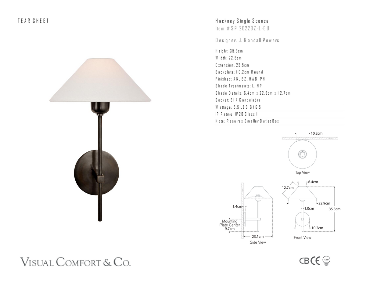 Hackney Single Vägglampa — J. Randall Powers for Visual Comfort & Co. måttskiss