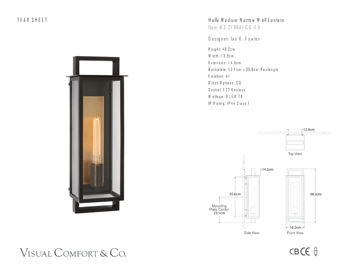 Halle Medium Narrow Wall Utomhuslampa — Ian K. Fowler for Visual Comfort & Co. måttskiss