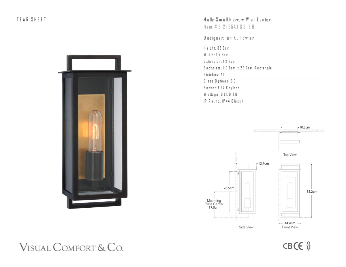 Halle Small Narrow Wall Outdoor Light — Ian K. Fowler for Visual Comfort & Co. dimension drawing