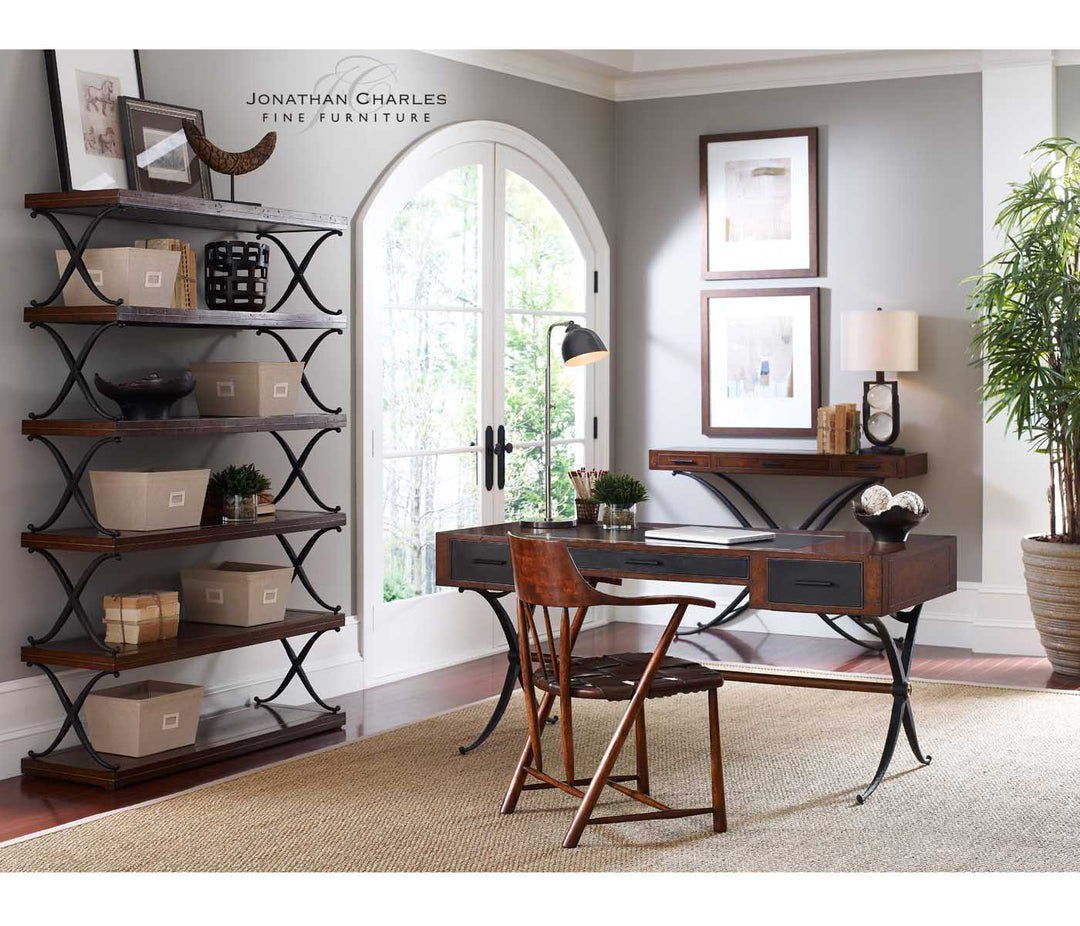 Hammered Iron Bureau Plat with Black Leather Inserts