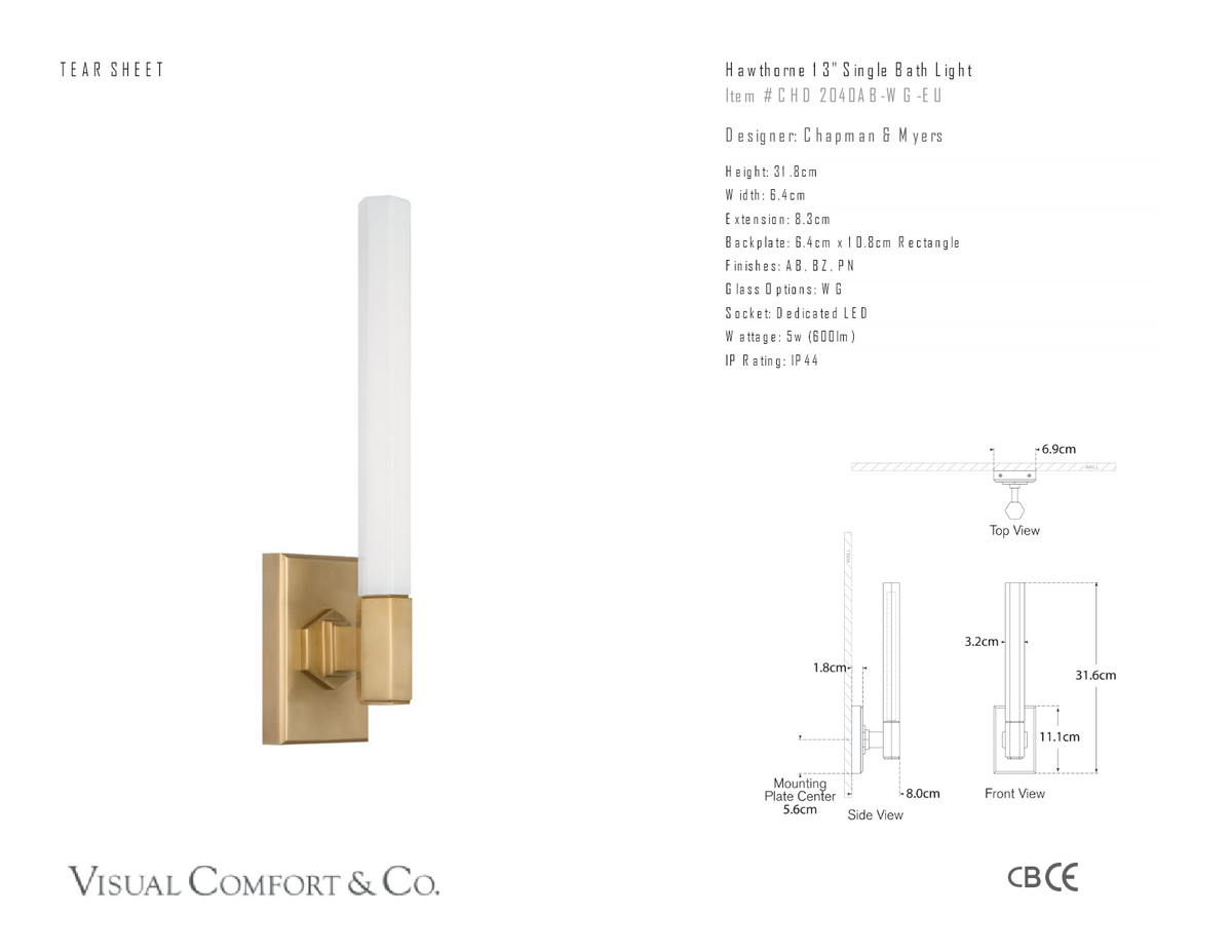 Hawthorne 13" Single Vägglampa — Chapman & Myers for Visual Comfort & Co. måttskiss