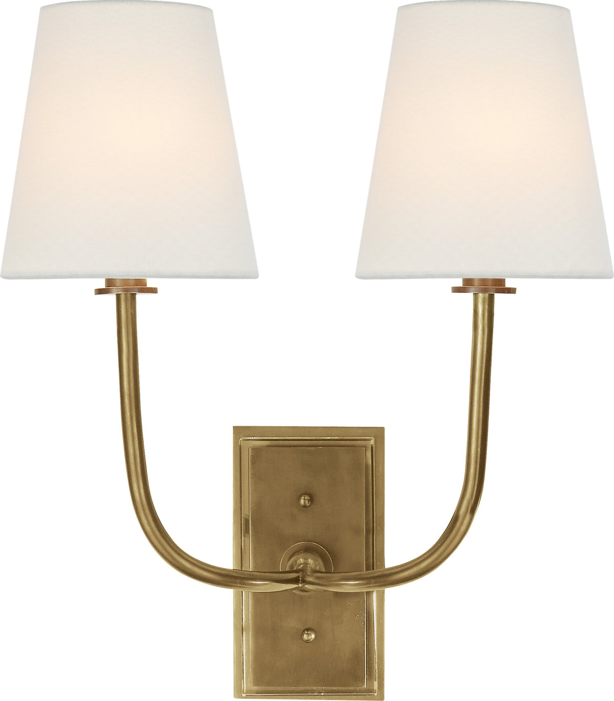 Hulton Double Vägglampa — Thomas O'Brien for Visual Comfort & Co. — Hand-Rubbed Antique Brass with Crystal Backplate with Linen Shades