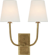 Hulton Double Vägglampa — Thomas O'Brien for Visual Comfort & Co. — Hand-Rubbed Antique Brass with Crystal Backplate with Linen Shades