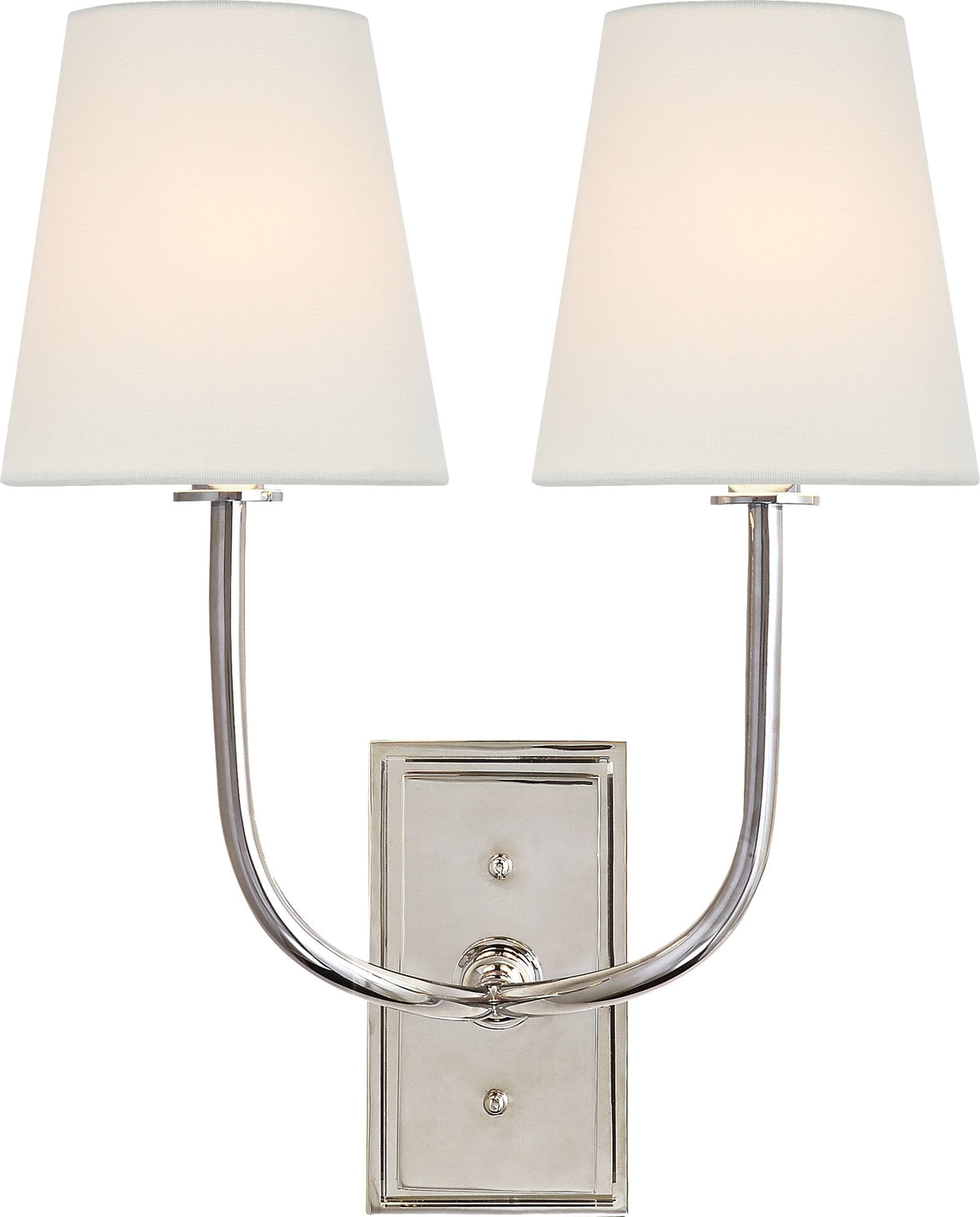 Hulton Double Vägglampa — Thomas O'Brien for Visual Comfort & Co. — Polished Nickel with Crystal Backplate with Linen Shades