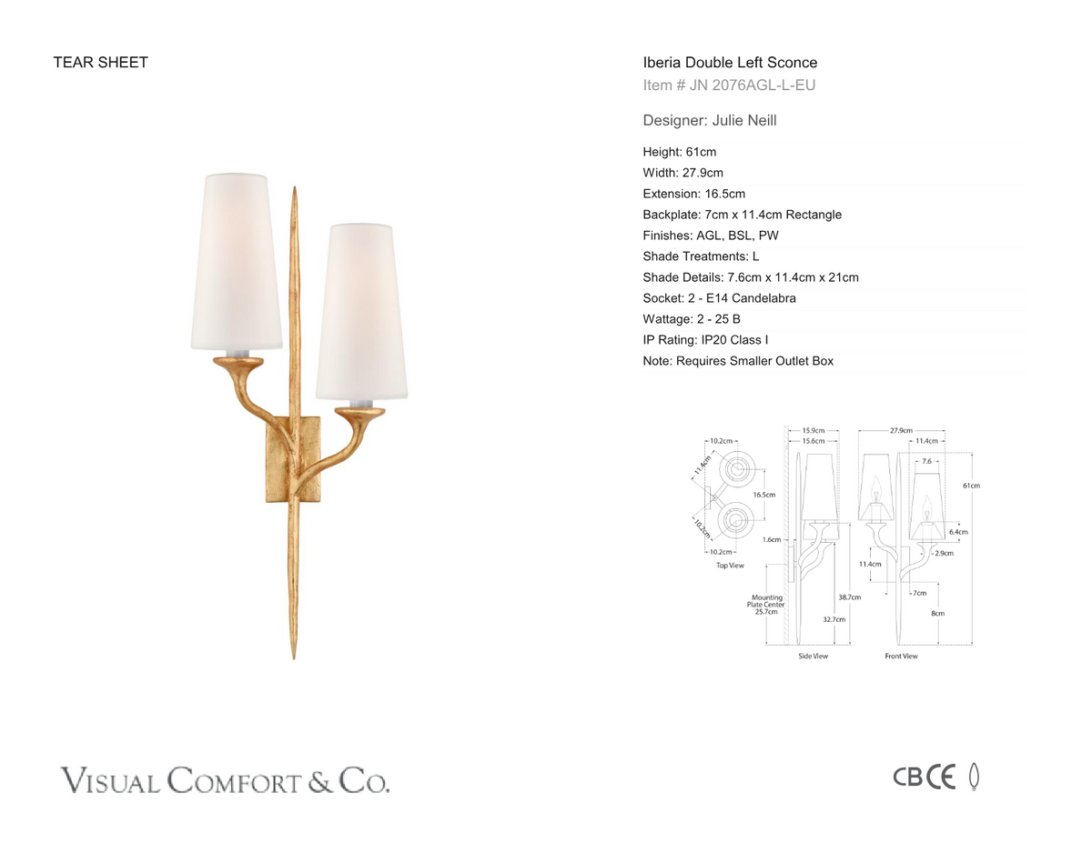 Iberia Double Left Vägglampa — Julie Neill for Visual Comfort & Co. måttskiss