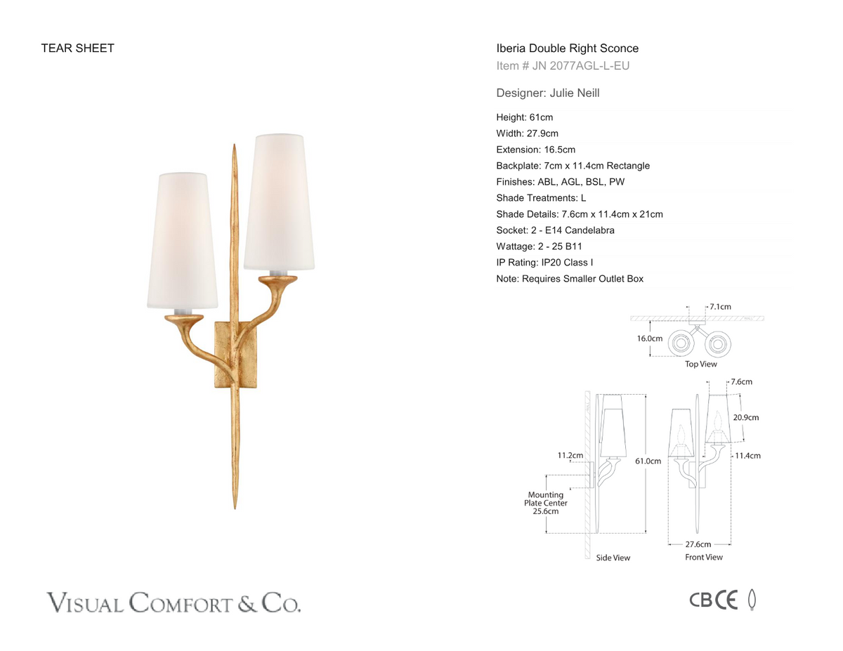 Iberia Double Right Vägglampa — Julie Neill for Visual Comfort & Co. måttskiss