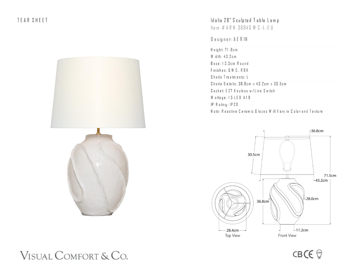 Idalia 28" Sculpted -pöytävalaisin — AERIN for Visual Comfort & Co. mittapiirros