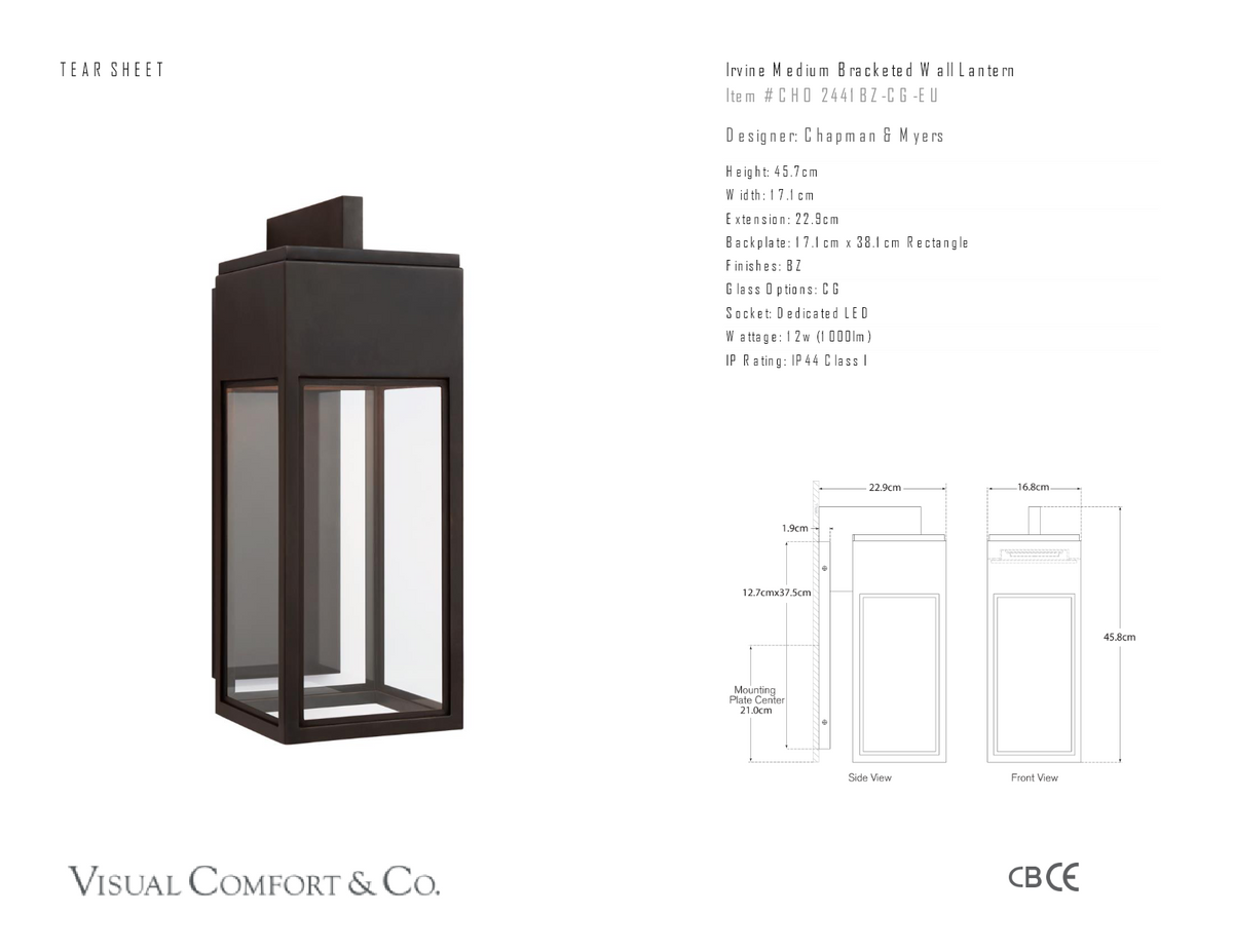 Irvine Medium Bracketed Wall Utomhuslampa — Chapman & Myers for Visual Comfort & Co. måttskiss
