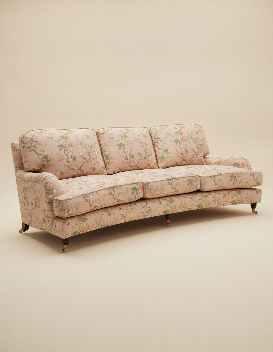 Jio Charles soffa 3-sits svängd 250 cm klädd i Oriental Bird Signature Blush