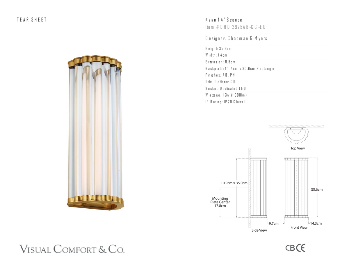 Kean 14" Vägglampa — Chapman & Myers for Visual Comfort & Co. måttskiss
