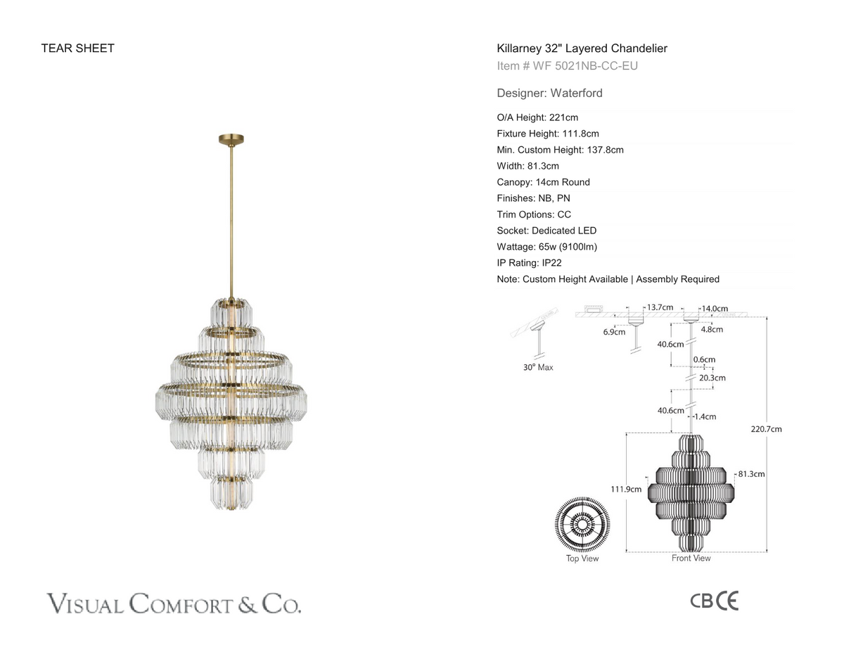 Killarney 32" Layered Chandelier — Waterford for Visual Comfort & Co. dimension drawing