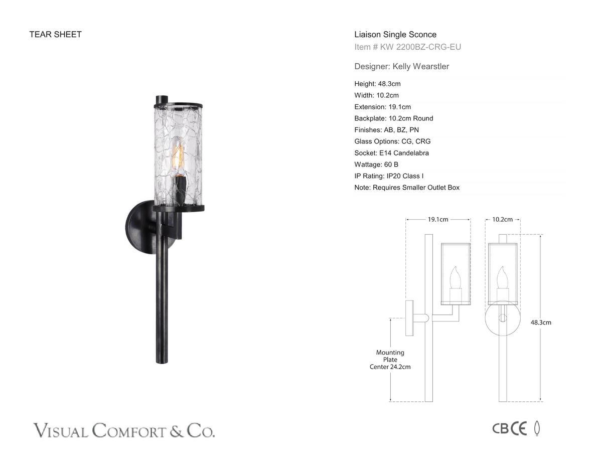 Liaison Single Vägglampa — Kelly Wearstler for Visual Comfort & Co. måttskiss
