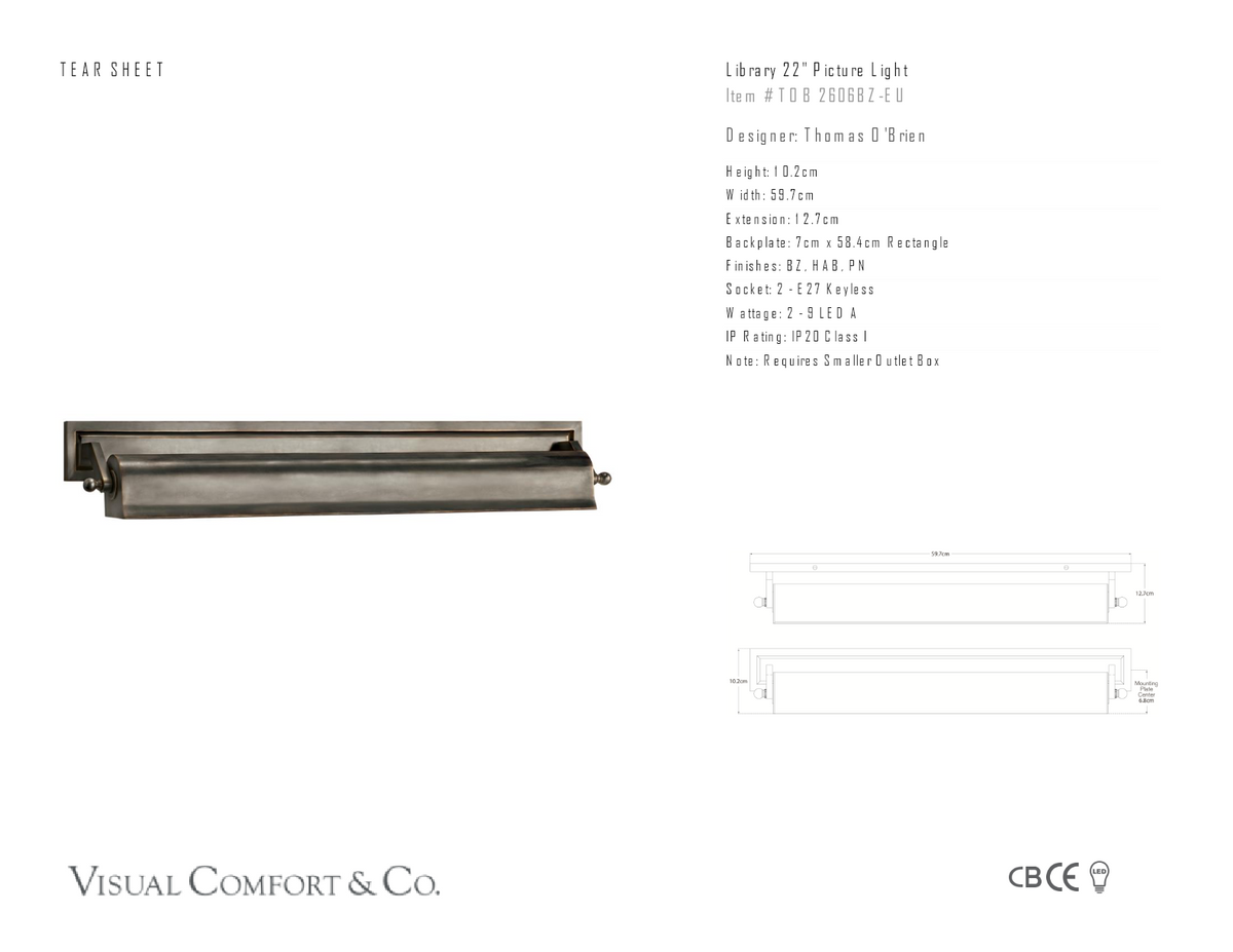 Library 22" Tavelbelysning — Thomas O'Brien for Visual Comfort & Co. måttskiss