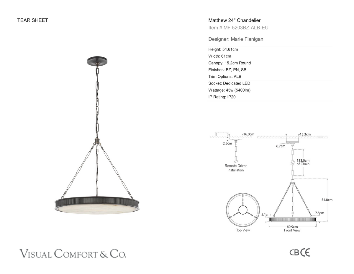 Matthew 24" Chandelier — Marie Flanigan for Visual Comfort & Co. dimension drawing