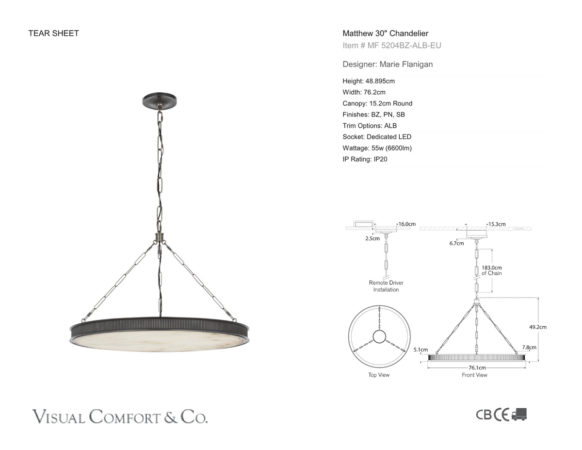 Matthew 30" Chandelier — Marie Flanigan for Visual Comfort & Co. dimension drawing