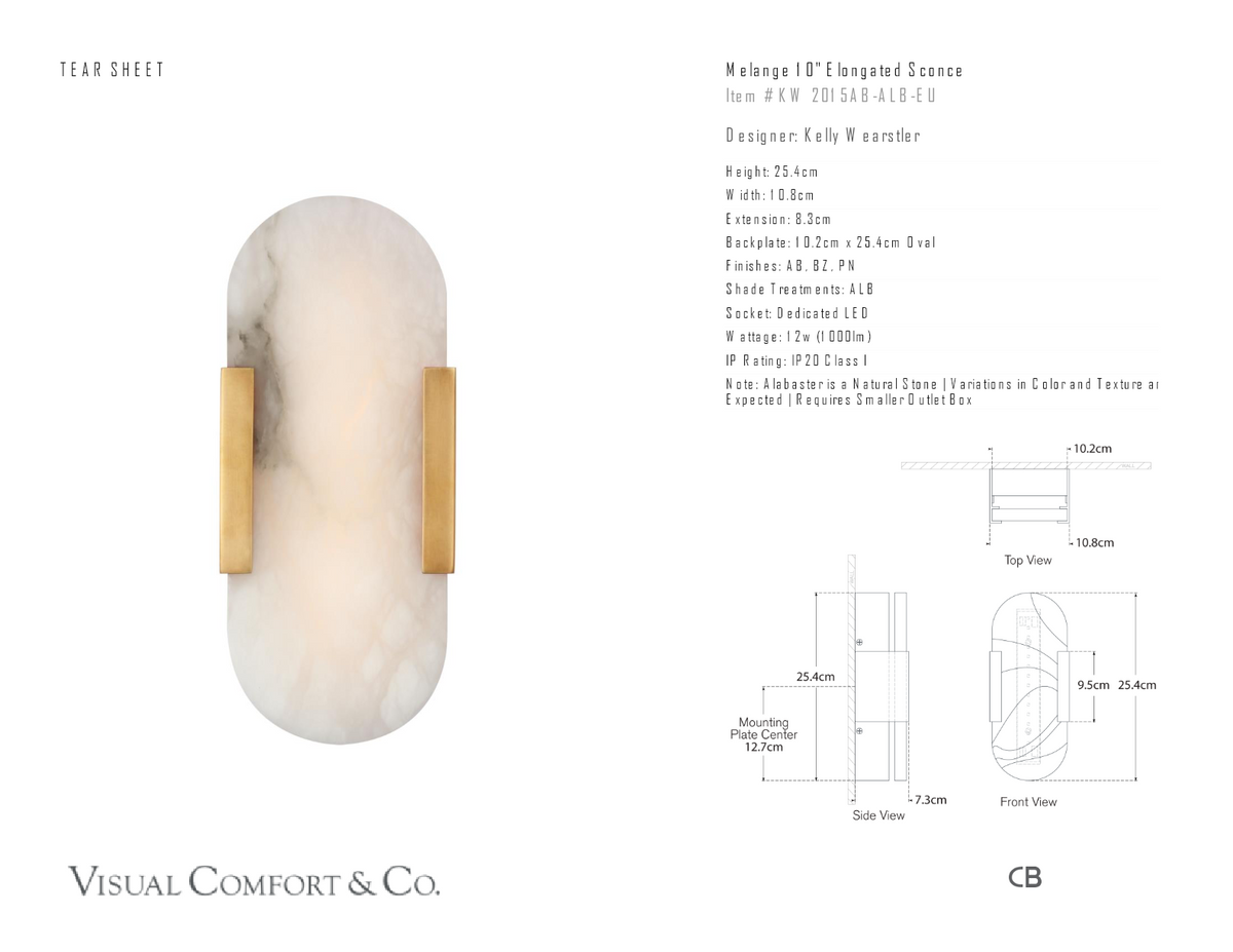 Melange 10" Elongated Wall Light — Kelly Wearstler for Visual Comfort & Co. dimension drawing