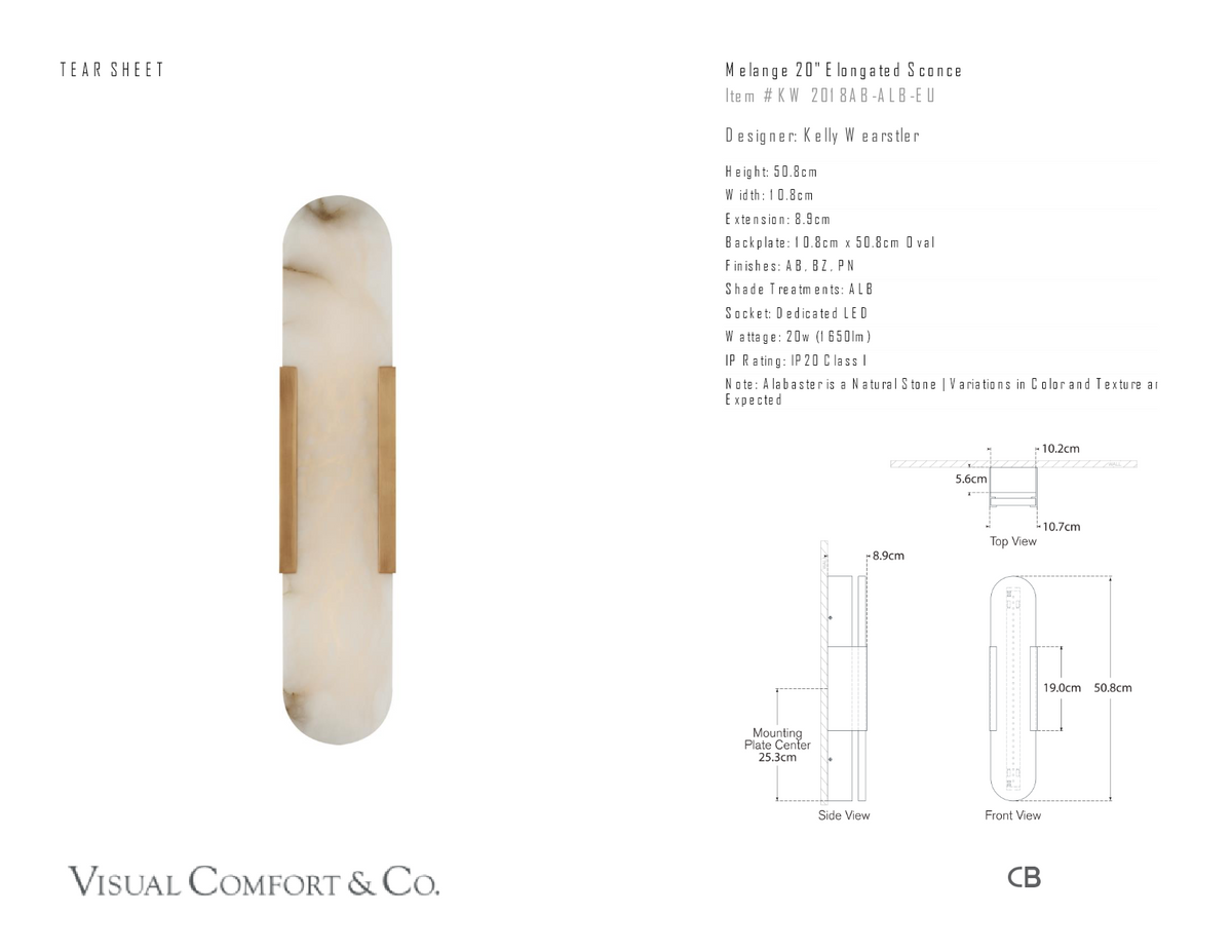 Melange 20" Elongated Wall Light — Kelly Wearstler for Visual Comfort & Co. dimension drawing