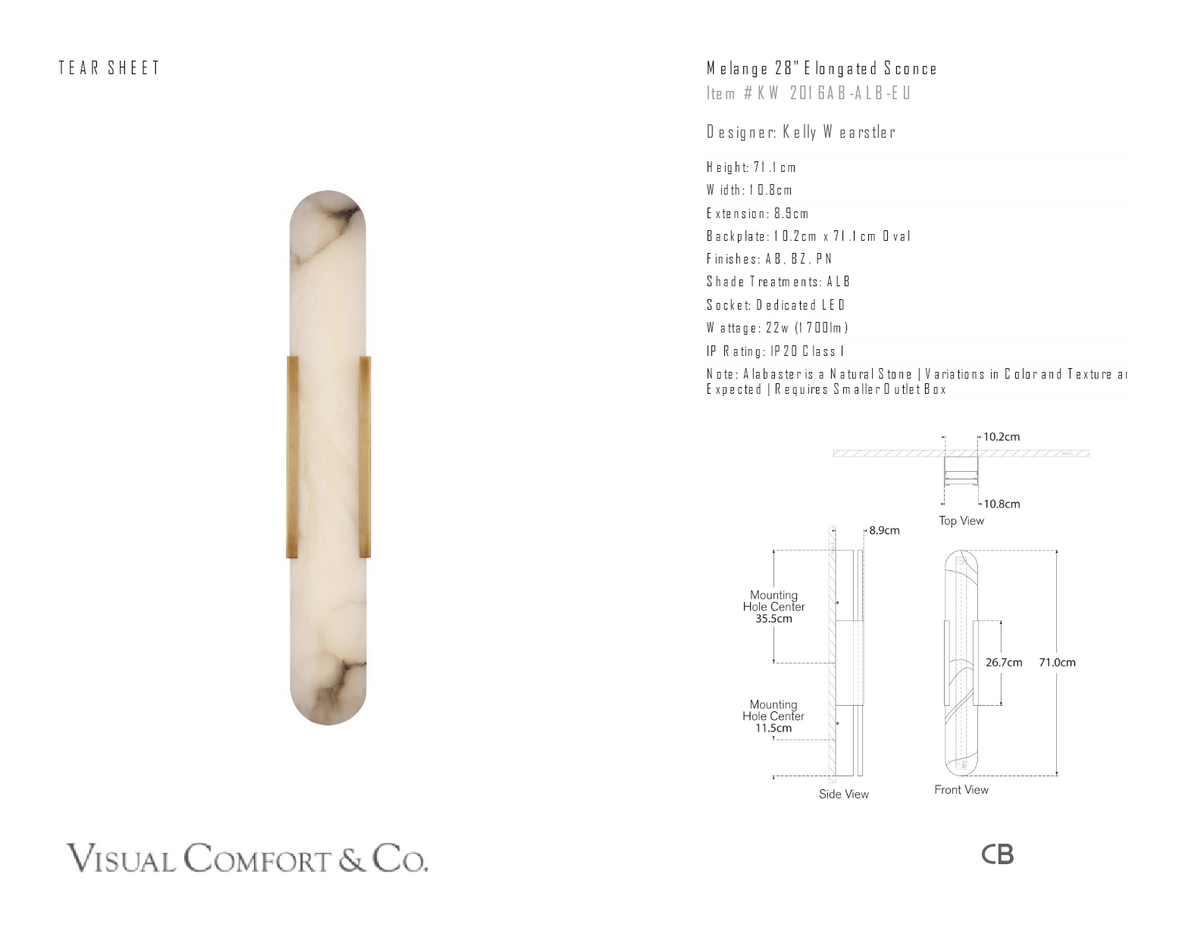 Melange 28" Elongated Wall Light — Kelly Wearstler for Visual Comfort & Co. dimension drawing