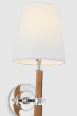 Bryant Large Wrapped Tail Vägglampa — Thomas O'Brien for Visual Comfort & Co. — Polished Nickel and Natural Leather with Linen Shade detaljbild