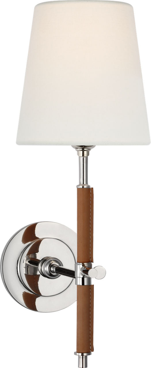 Bryant Wrapped -seinävalaisin — Thomas O'Brien for Visual Comfort & Co. — Polished Nickel and Natural Leather with Linen Shade