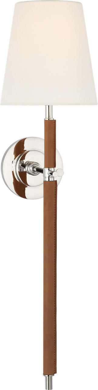 Bryant Large Wrapped Tail Vägglampa — Thomas O'Brien for Visual Comfort & Co. — Polished Nickel and Natural Leather with Linen Shade