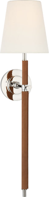 Bryant Large Wrapped Tail Vägglampa — Thomas O'Brien for Visual Comfort & Co. — Polished Nickel and Natural Leather with Linen Shade