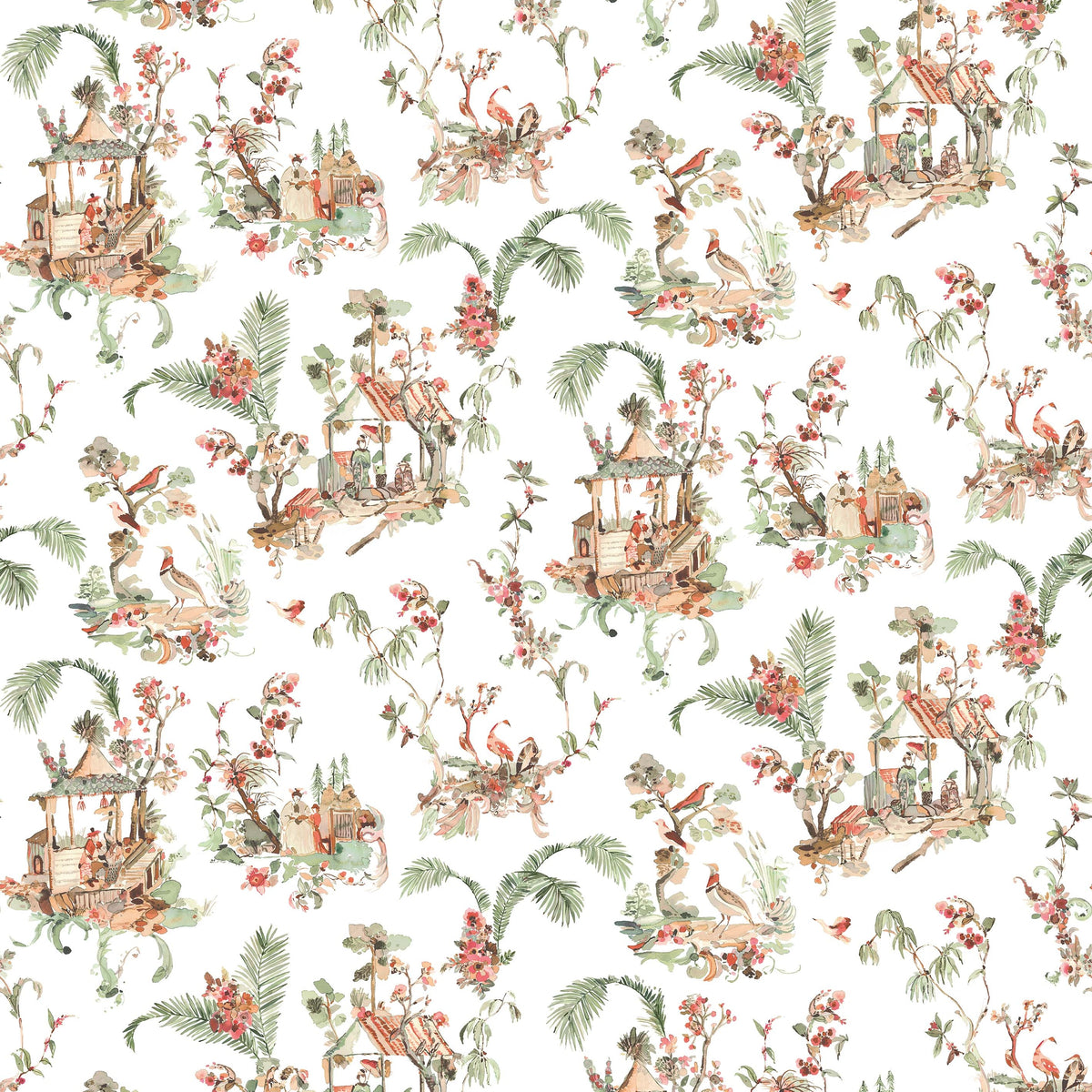 Toile Chinoise Coral/Green — Nina Campbell tyg