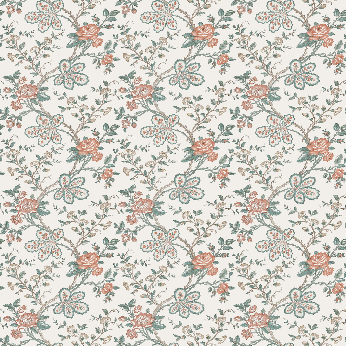 Genevieve Teal/Coral/Ivory — Nina Campbell tyg